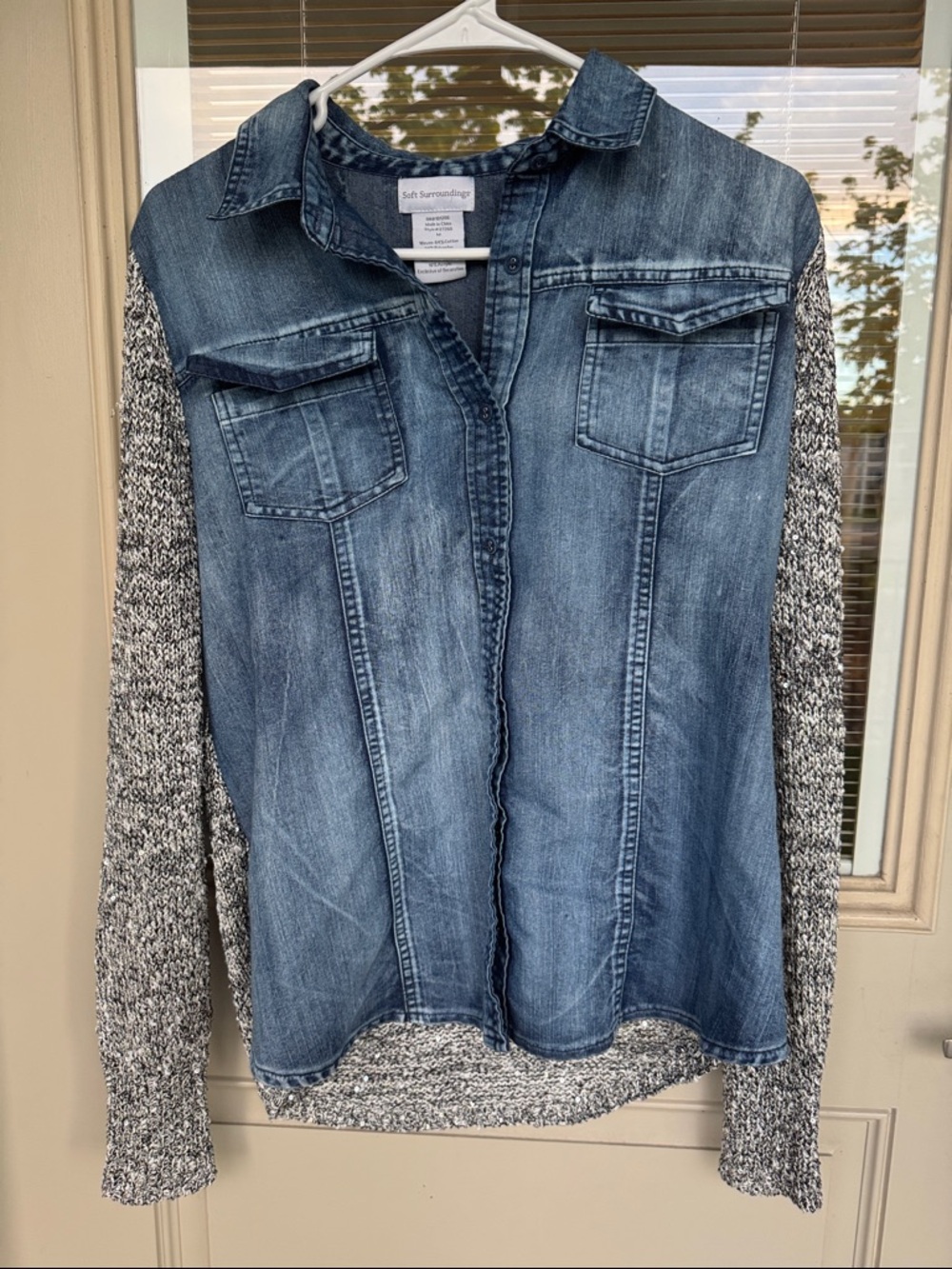 Soft Surroundings Denim Front Sweater with Marled Gray Sleeves